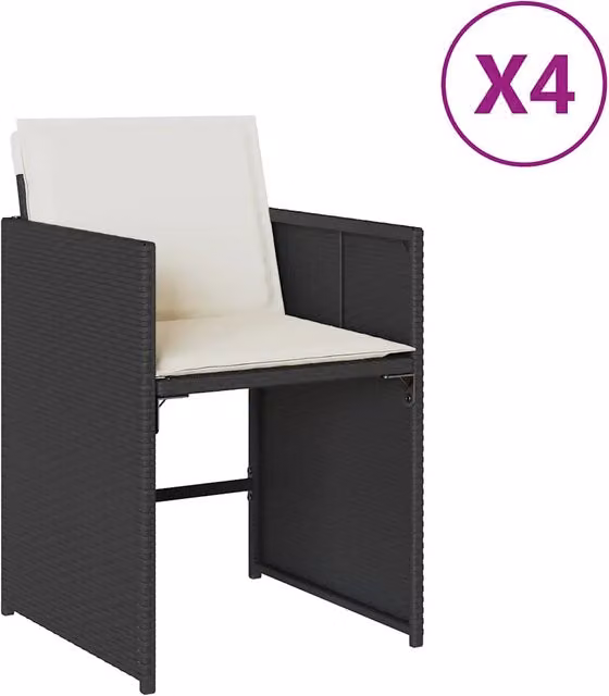 Set di 4 sedie da giardino moderne in polyrattan con cuscini neri e bianchi e braccioli