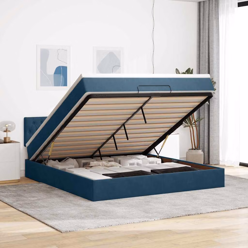 vidaXL Struttura Letto con Materasso e Contenitore a Sollevamento in Velluto Blu e Bianco L: 160 cm, P: 200 cm, H: 88 cm – 1