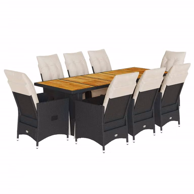 Set Bistrò da Giardino 9 pz con Cuscini in Polyrattan Nero