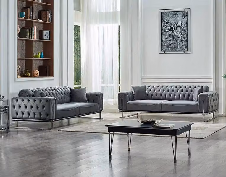 Luxus 2x Sofa Dreisitzer Couchen Chesterfield Grau Polstermöbel Wohnzimmer