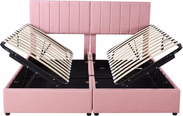 Letto imbottito 180x200 cm con contenitore idraulico, tessuto lino anallergico rosa, letto matrimoniale multifunzionale