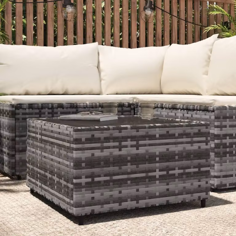 Tavolino Quadrato da Giardino vidaXL in Polyrattan e Vetro Grigio L/P/H: 50 x 50 x 30 cm