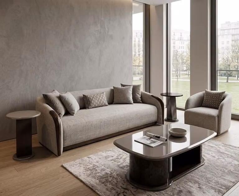 Set per soggiorno: divano, tavolino, tavolino ausiliario. Design moderno, comfort elevato