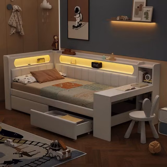 Daybed imbottito con USB, LED, scrivania e cassetti, 90x200 cm, bianco