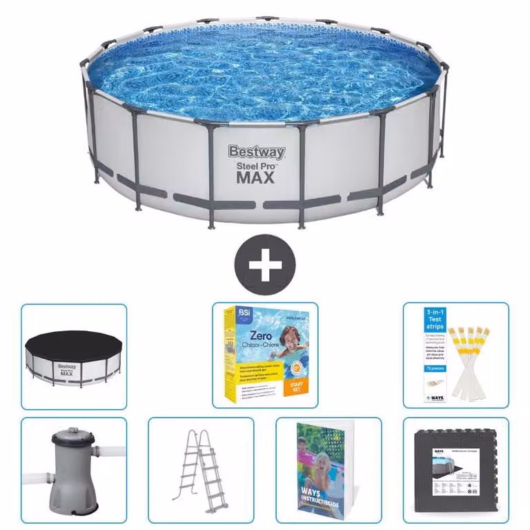 Bestway Steel Pro MAX, piscina in acciaio, forma rotonda, dimensioni 488x122 cm, composta da 6 parti, modello S607