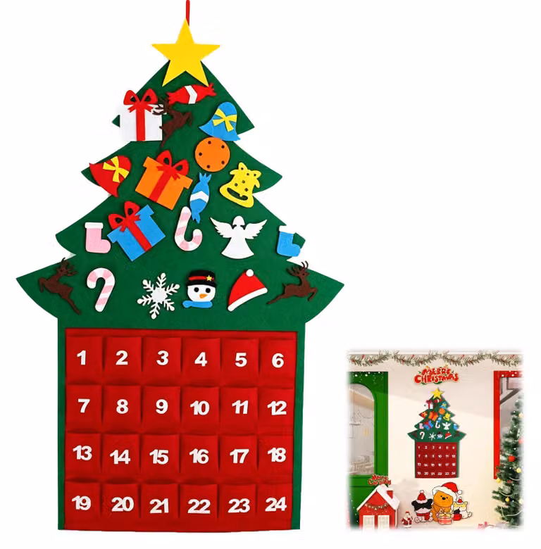 Calendario dell'Avvento, albero di Natale, feltro, 100 cm, 24 tasche, colore rosso