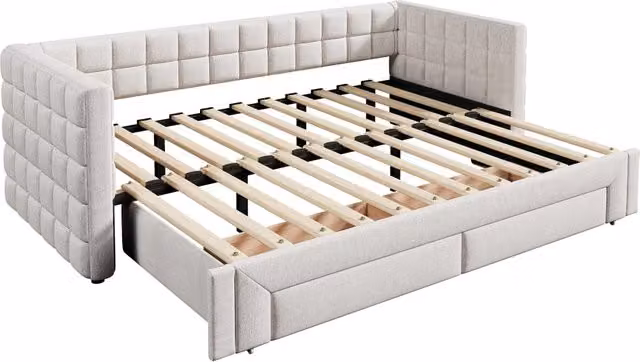 Letto estraibile singolo 90×200 cm con 2 cassetti e testiera quadrata; senza materasso; velluto; beige