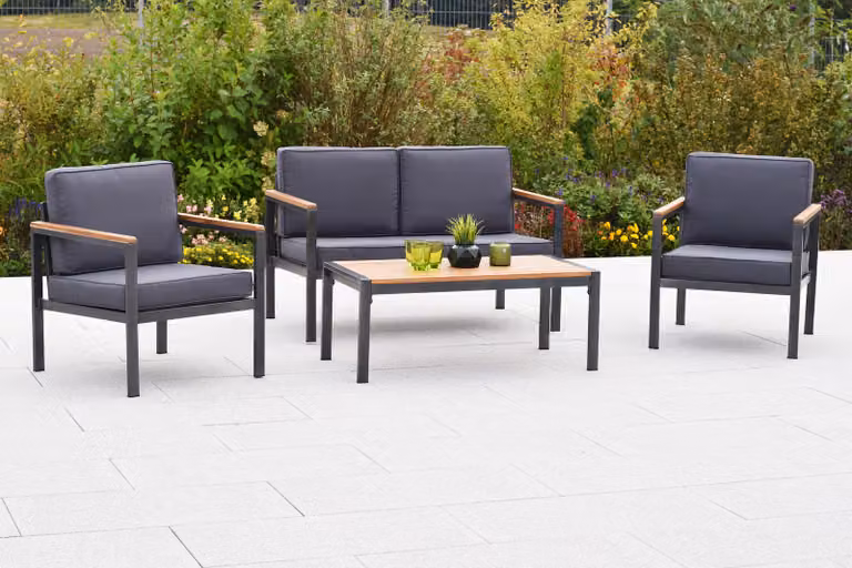 Set da giardino Merxx Kavos, 2 poltrone, panca a due posti, tavolo 50 x 100 x 40 cm - Alluminio