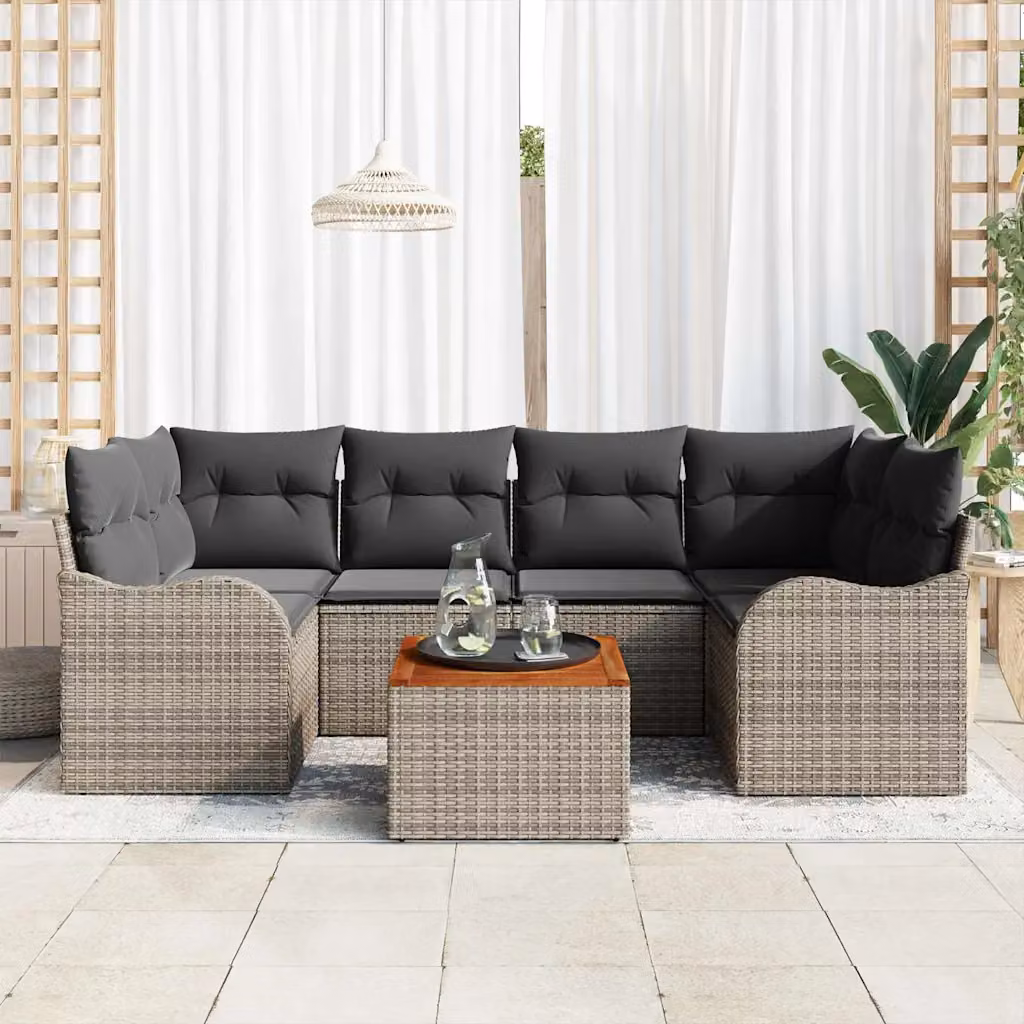 Set Divano da Giardino Moderno vidaXL 7 Pezzi Grigio con Cuscini e Tavolino in Polyrattan e Acciaio – 1
