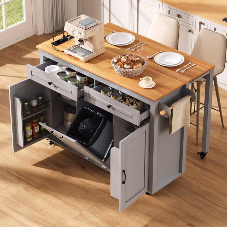 Isola da cucina su ruote, estendibile, con piano di lavoro, vano per contenitore dei rifiuti e prese di corrente, colore grigio