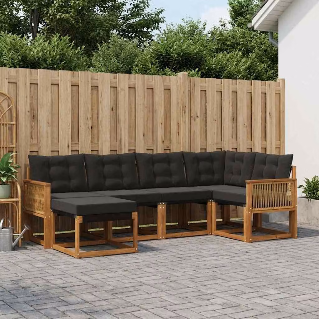 Set di divani da esterno vidaXL a forma di L in legno di acacia con cuscini, colore naturale e nero
