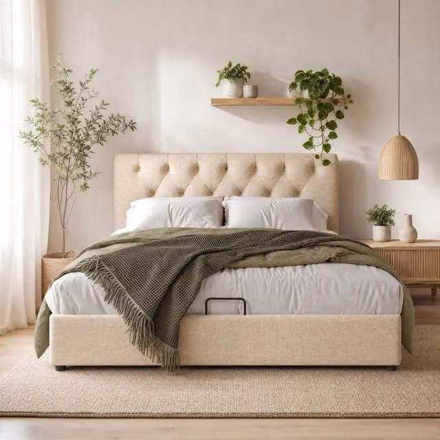 Letto matrimoniale imbottito 140 × 200 cm con contenitore e materasso a molle testiera regolabile in lino naturale
