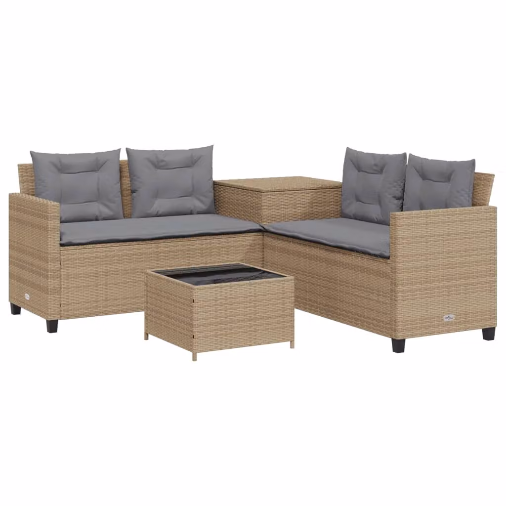 Divano da Giardino con Tavolo e Cuscini a L Beige in Polyrattan