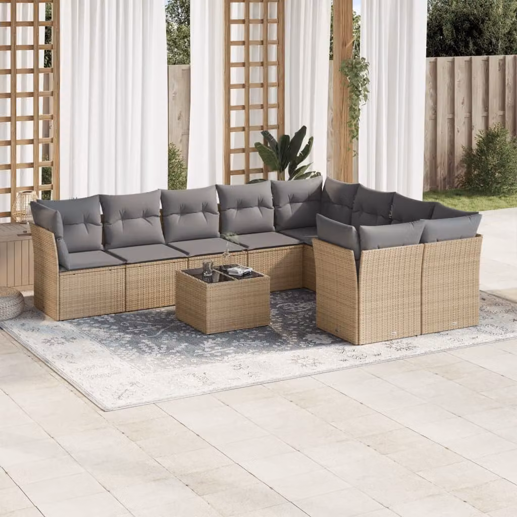 vidaXL Set Divano da Giardino 10 pz in Polyrattan con Cuscini Beige e Tavolino da Esterno