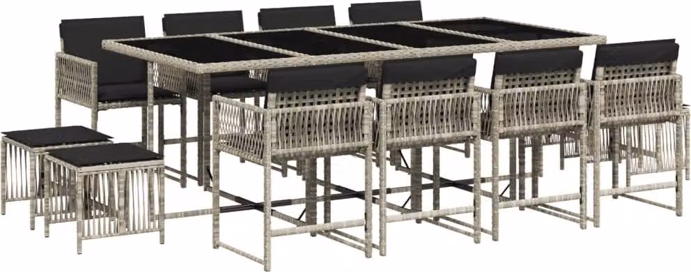 Set da Pranzo da Giardino 13pz con Cuscini Grigio in Polyrattan