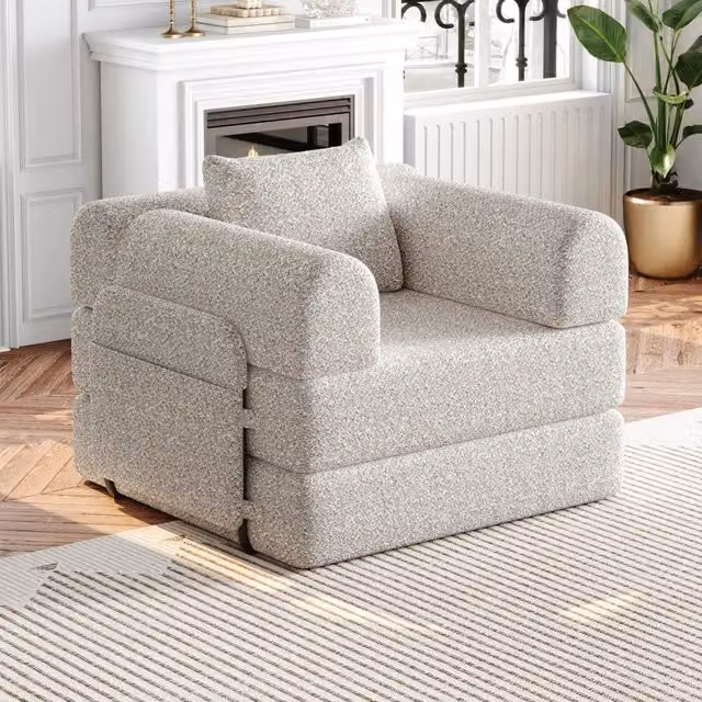 Divano letto con vano portaoggetti nel bracciolo; struttura con tre telai in acciaio per seduta; ciniglia color kaki