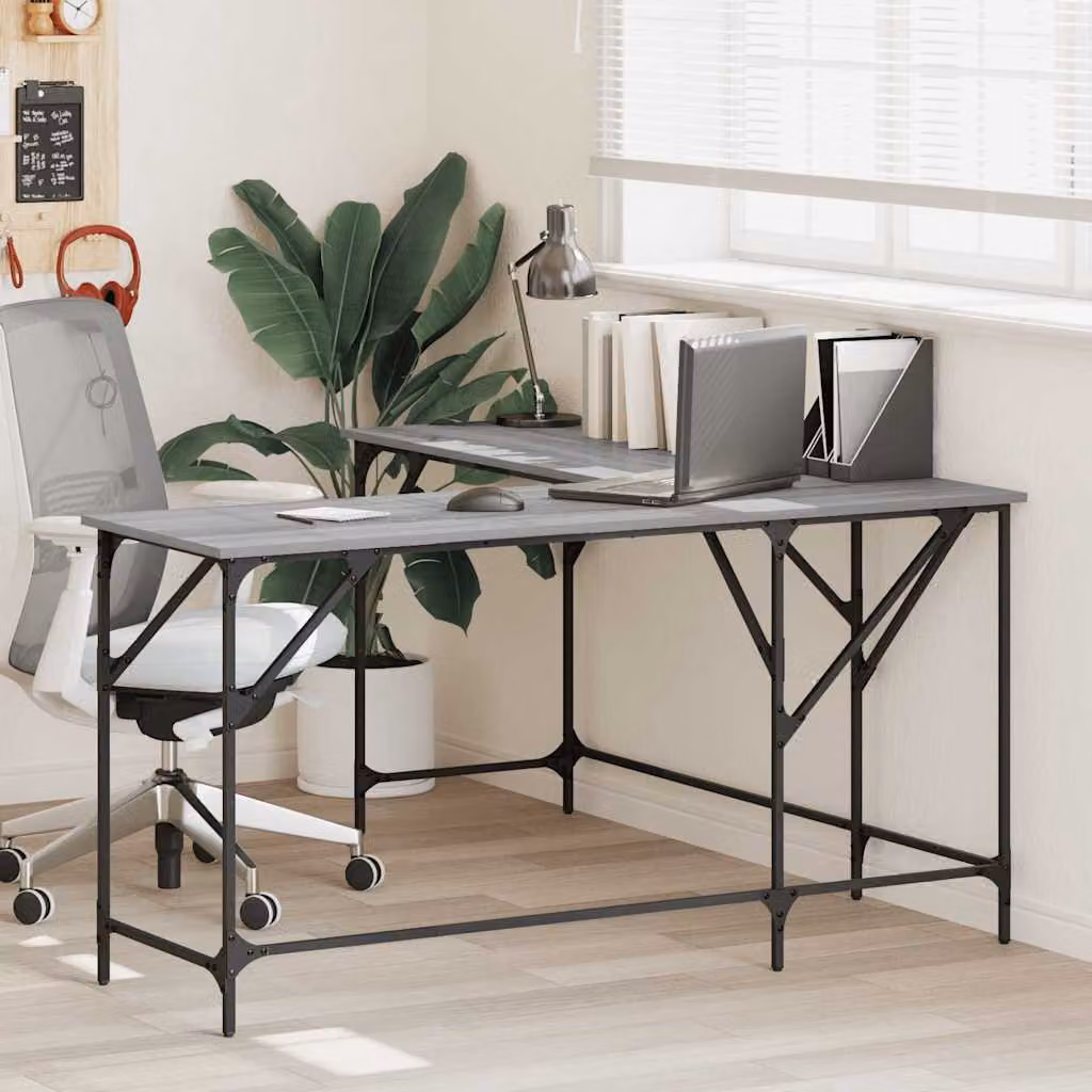 Scrivania angolare vidaXL in legno e metallo, Grigio Sonoma e Nero, L/P/H: 149 x 149 x 75 cm