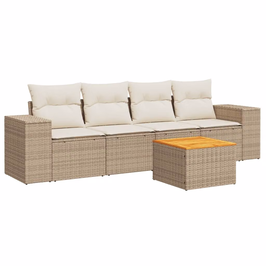Set Divano da Giardino 5 pz con Cuscini Beige in Polyrattan
