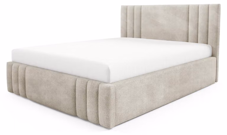 Letto imbottito con contenitore e falda color sabbia taupe, dimensioni 180 x 200 cm