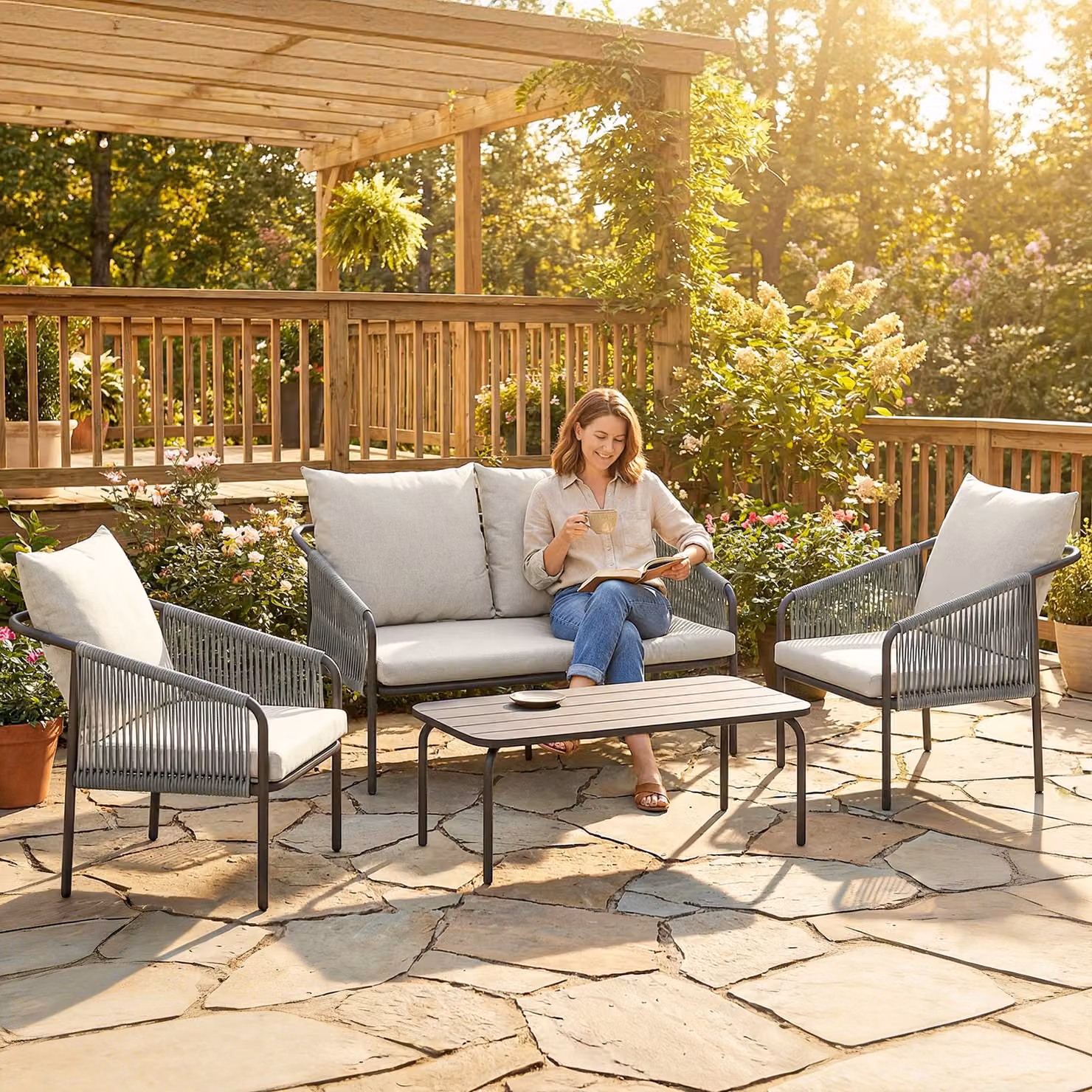 Set da giardino Outsunny in rattan 4 pezzi con divano, poltrone e tavolino, colore khaki – 2