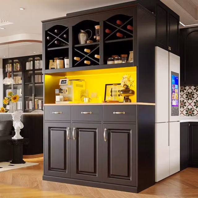 Credenza alta WISHDOR per cucina e soggiorno, nera opaca, con 3 ante, 3 cassetti, ripiani interni e illuminazione LED integrata, L/P/H: 120 x 40 x 180 cm