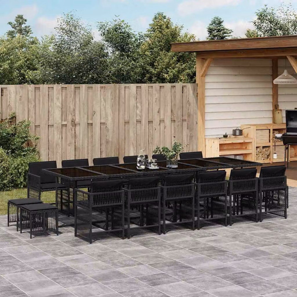vidaXL Set da Pranzo da Giardino 17 pz in Polyrattan Nero con Cuscini e Tavolo in Vetro – 1