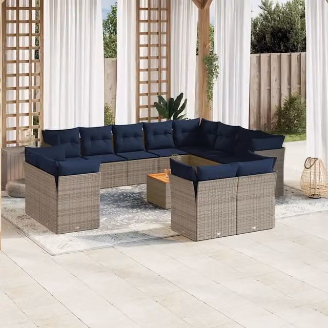Set di Divani da Giardino a Forma di U con Cuscini vidaXL in Polyrattan Grigio e Blu con Tavolino da Caffè e Struttura in Metallo – 1