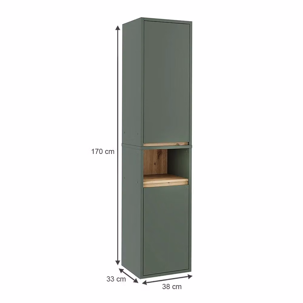 Mobile alto Vicco in legno verde e rovere con 2 ante e ripiani aperti per bagno, L/P/H: 38 x 32 x 170 cm – 2