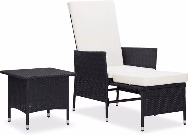 Set da giardino Outsunny composto da poltrona lounge, tavolino da esterno e pouf con cuscini in tessuto, struttura in metallo nero e bianco