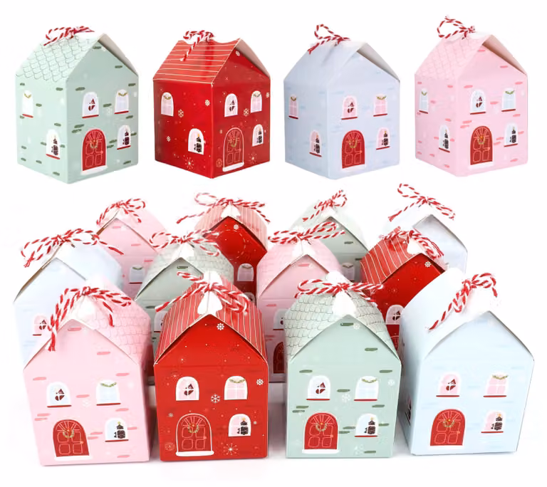 Set di 24 scatoline per l'avvento, forma di casetta, 6x6x10 cm, carta, colorate