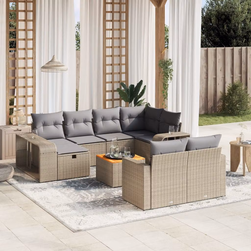 vidaXL Set Divani da Giardino 11 pz in Polyrattan con Cuscini Beige e Tavolino da Esterno – 1