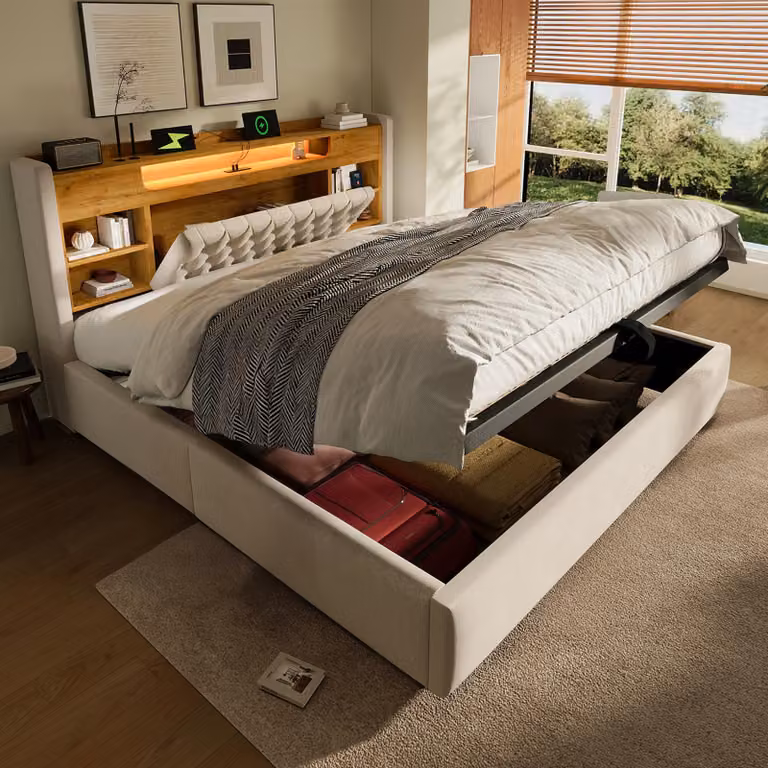 Letto imbottito okwish 140x190 con USB e Type-C, letto singolo con LED e spazio contenitore a sollevamento idraulico, letto per ragazzi color beige, senza materasso