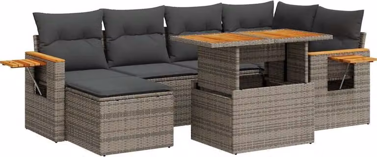 Set Divani da Giardino 7pz con Cuscini Grigio Polyrattan Acacia