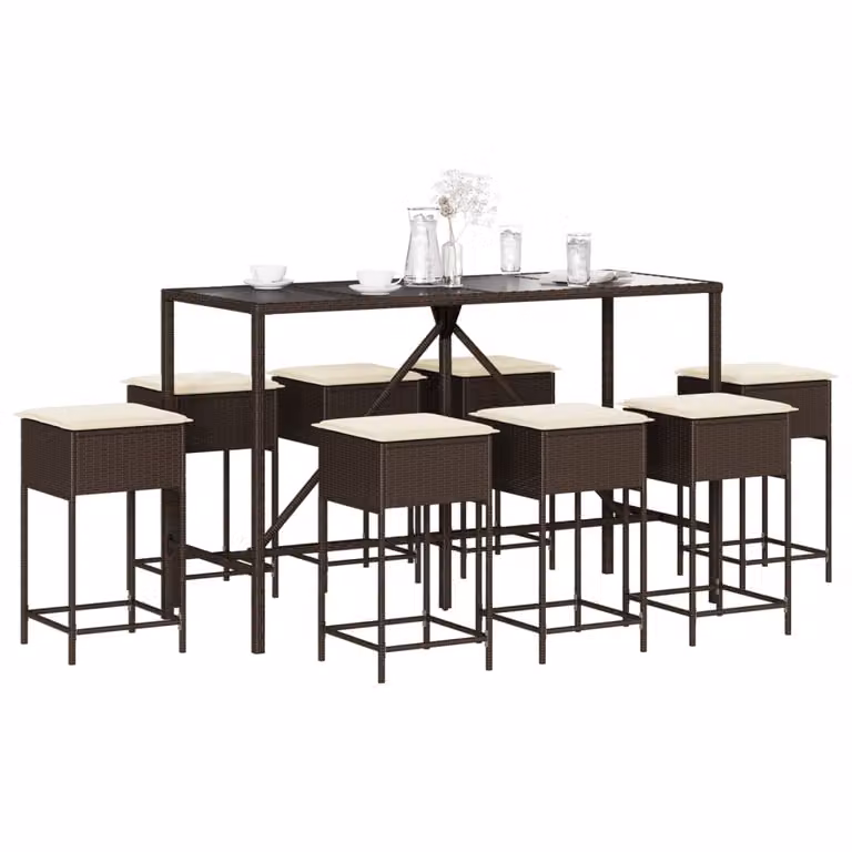 Set Bar da Giardino vidaXL in Polyrattan Marrone con 9 Pezzi e Cuscini
