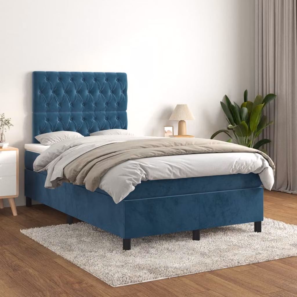 The Living Store Letto a molle con materasso blu scuro 120x200 cm in velluto