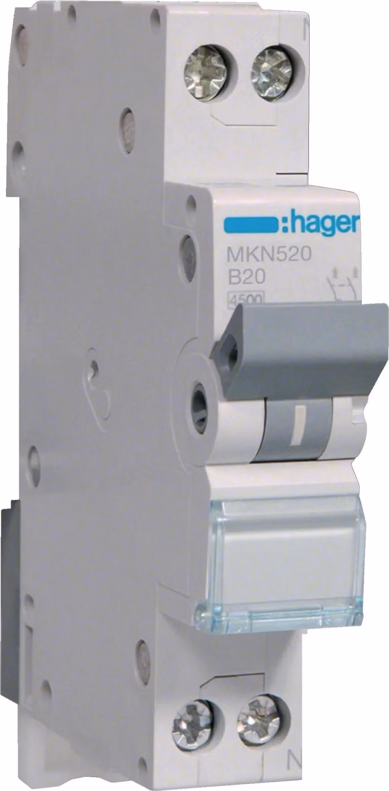 Interruttore LS Hager 1P+N 6kA 20A caratteristica B-C Hager MKN520, 1 pz.