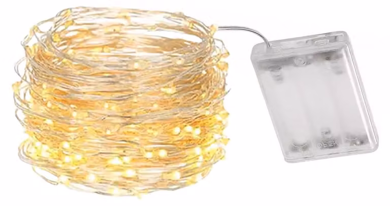Catena luminosa a LED, 15 metri, filo di rame, luce bianco caldo, alimentazione a batteria (3 batterie AA)