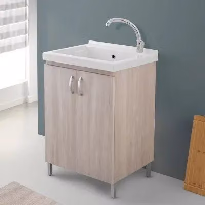 Mobile lavanderia moderno in ceramica e legno color olmo con finitura lucida per bagno