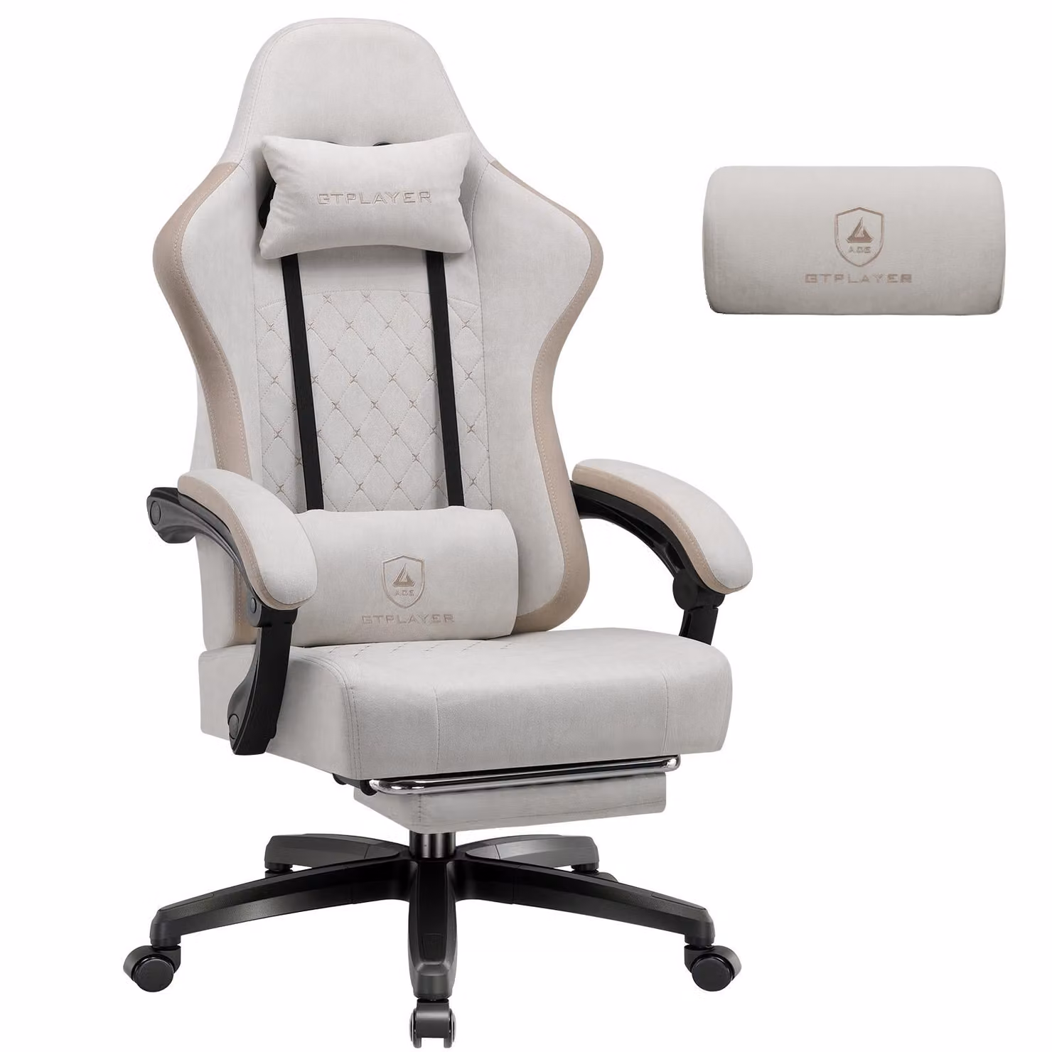 Sedia da gaming GTPLAYER, rivestita in tessuto, con imbottitura a molle indipendenti, sedia girevole ergonomica, sedia da gaming con poggiapiedi, capacità di carico fino a 150 kg, colore beige