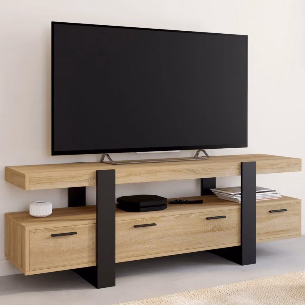 IDMarket Porta TV PHOENIX moderno con cassetti in legno e nero L: 140 cm, P: 40 cm, H: 50 cm – 2