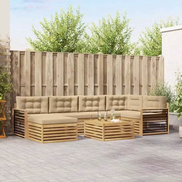 Set di divani da esterno vidaXL a forma di L composto da 7 pezzi in legno di acacia con cuscini inclusi, colore bianco e beige