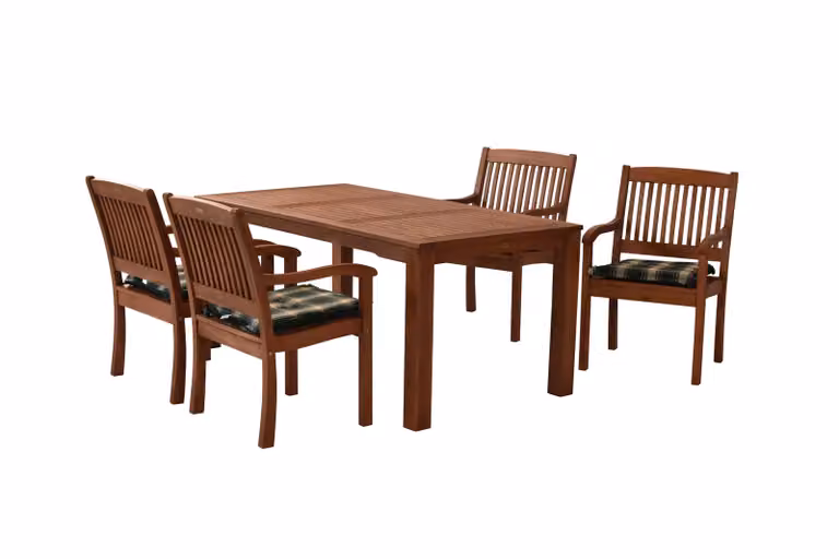 Set di mobili da giardino Merxx Maracaibo 9 pezzi, 4 poltrone, 4 cuscini reversibili, 1 tavolo 170 x 90 cm - Eucalipto