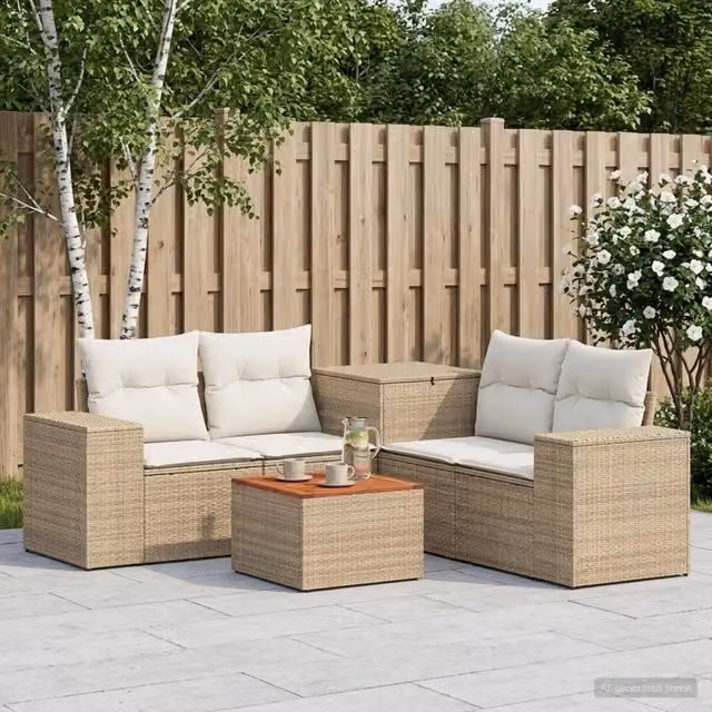 Set di mobili da giardino vidaXL in polyrattan beige e bianco con divano angolare, divani a 2 posti, elementi d'angolo, tavolino da caffè e cuscini inclusi – 1
