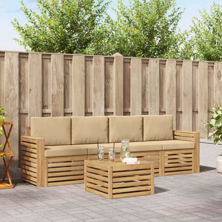 Set di divani da esterno vidaXL 5 pezzi in legno di acacia con tavolo da caffè, colore bianco e beige