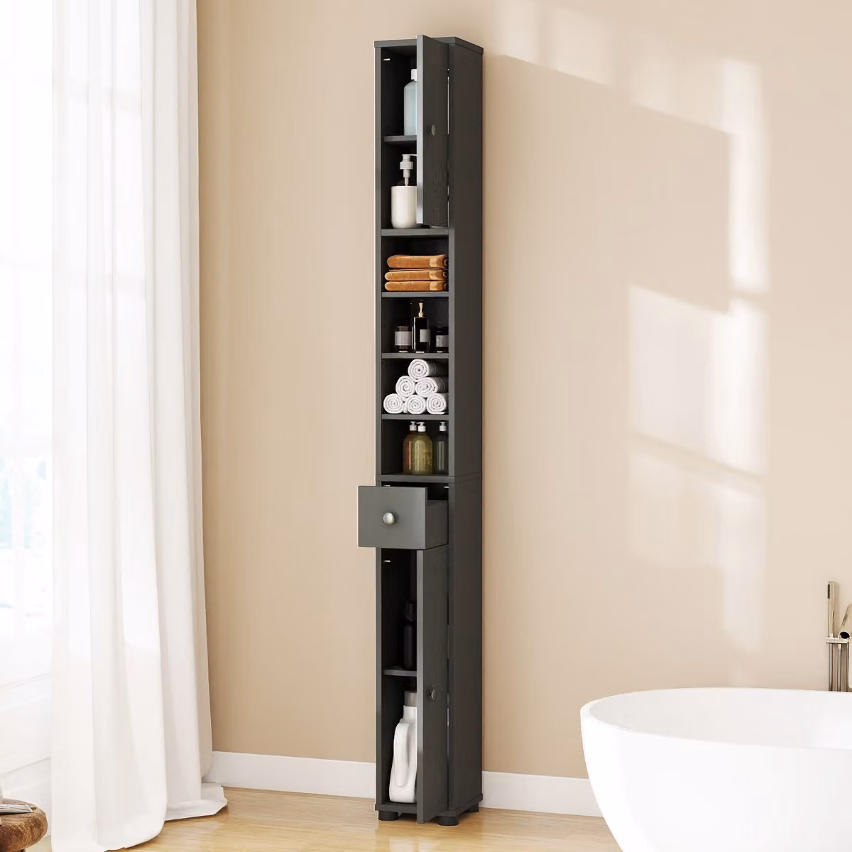 Armadio da bagno alto slim Costway con 5 ripiani regolabili e 1 cassetto, design moderno, Grigio