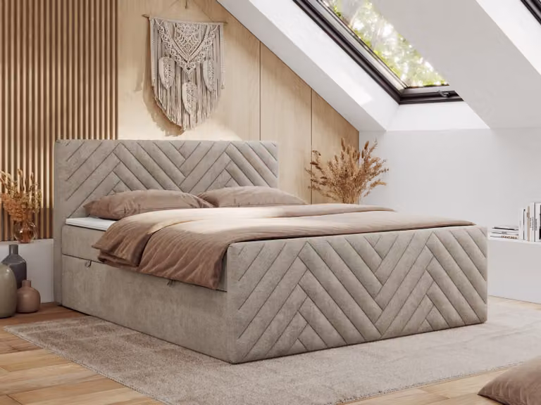 Letto boxspring MKS MEBLE 200x200 con contenitore e materasso H3 - Paris Duo - Beige Strutturato