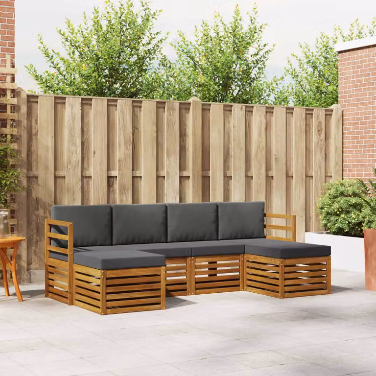 vidaXL Set di divani da esterno a L composto da 6 pezzi in legno di acacia con cuscini beige e antracite