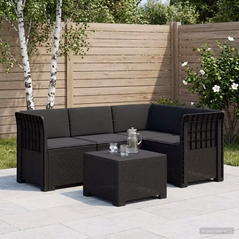 Set da giardino moderno vidaXL composto da divano angolare a L, elemento d'angolo e tavolino da caffè in polyrattan color antracite con cuscini inclusi e rivestimenti rimovibili