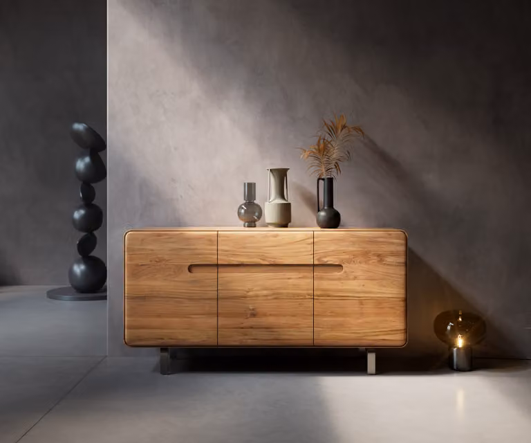 Credenza DELIFE Anaya 145 cm in acacia naturale, 3 ante, piedini a L in acciaio inossidabile
