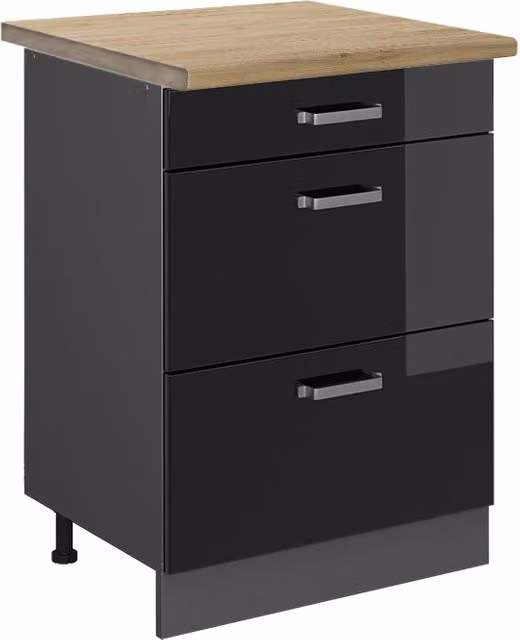 Mobiletto base per cucina R-Line Nero lucido/Antracite 60 cm con cassetti, PL Rovere Vicco